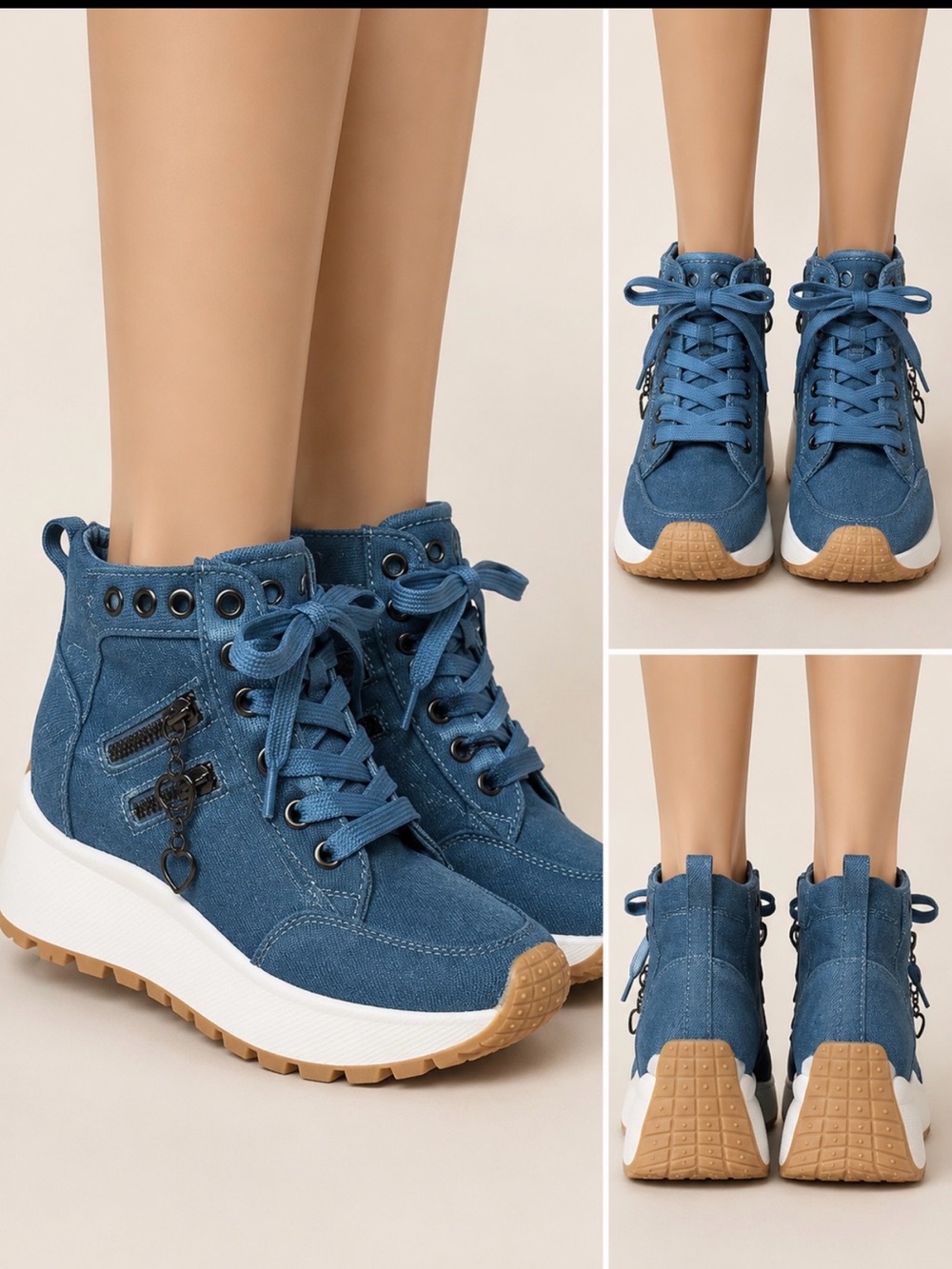 Denim blue high top platform sneakers with side zipper
